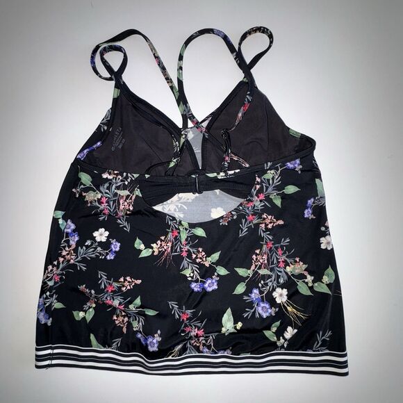 Athleta Gold Coast Black Floral Tankini Swim Top Size 36D/DD Blousy Banded Waist - Picture 8 of 11